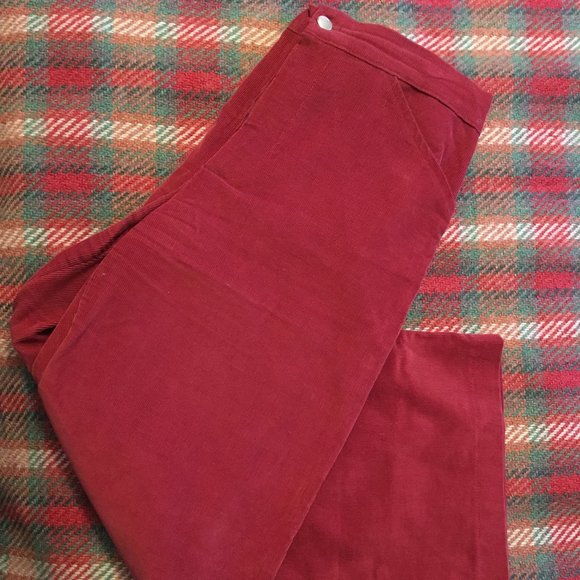 Red corduroy high-waist, wide-leg pants. Made in Canada. - Picture 1 of 3